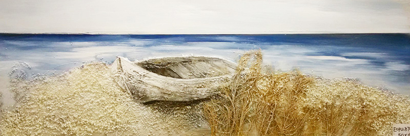 HA102 Wall décor art oil on canvas seascape beach and boat brown tones